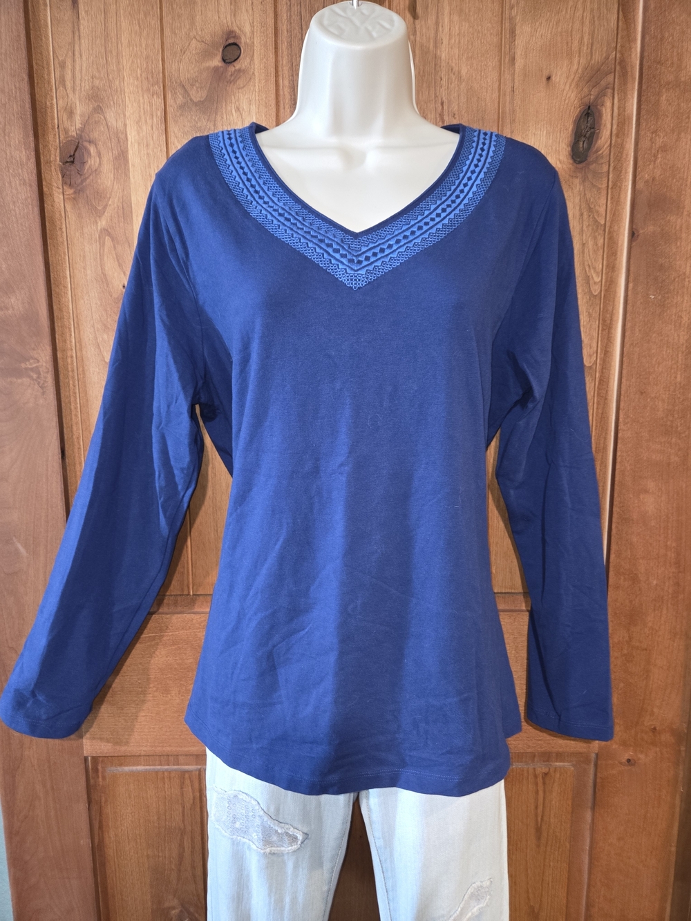 d&co Long-Sleeve V-Neck Top in Deep Blue with Embroidered Trim